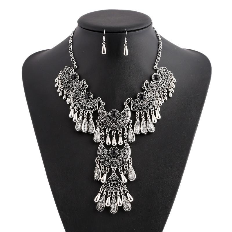Drop Water Elegant Pendant Necklace Earrings Set Women Vintage Jewelry Accessory