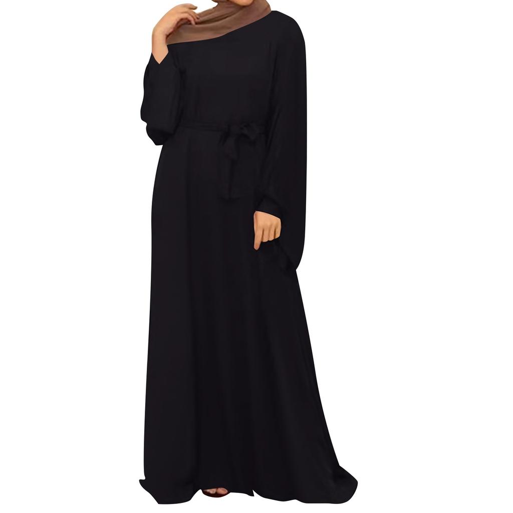 Muslim Women's Dresses Casual Long Sleeve Pullover Round Neck Hem Dresses
