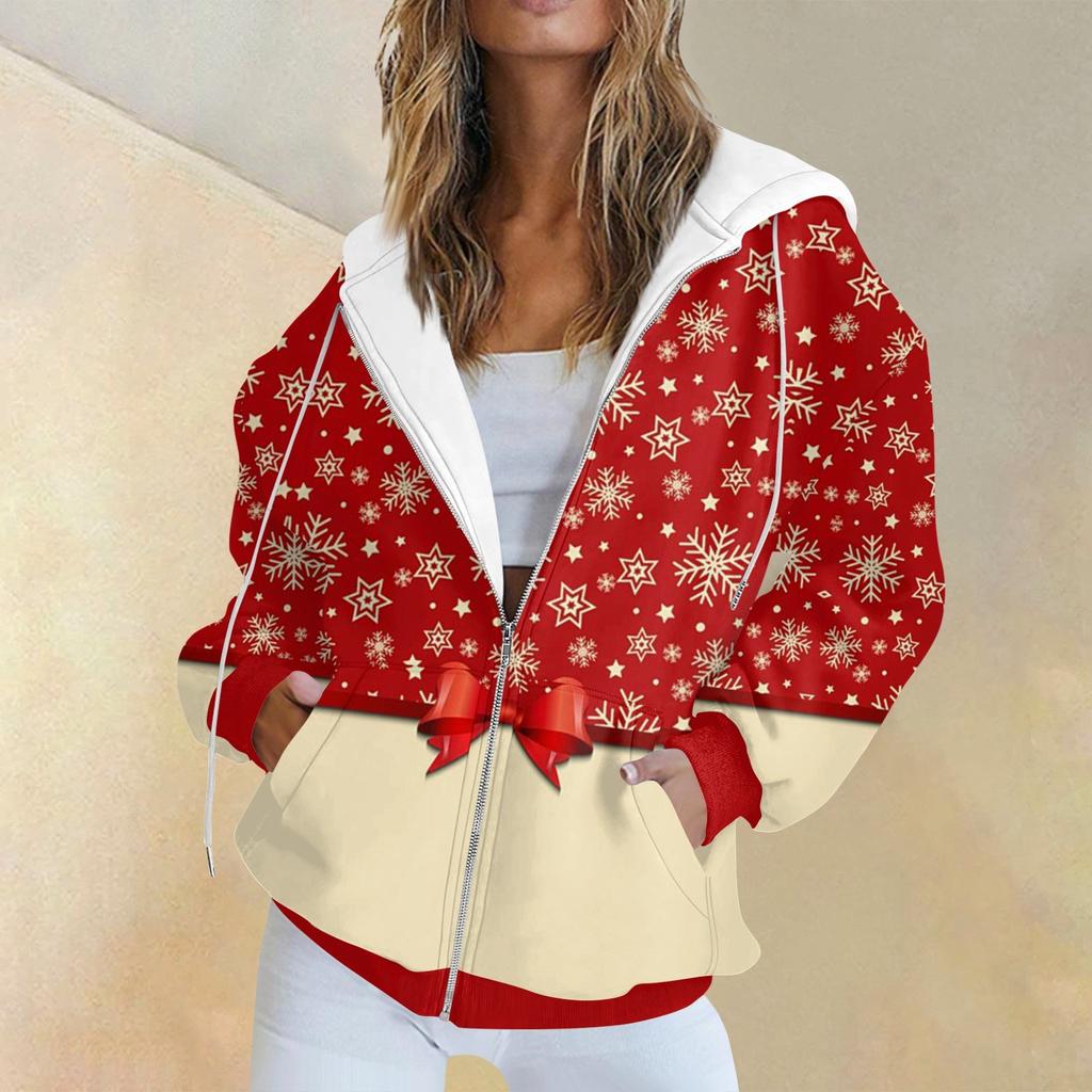 Женская модная повседневная толстовка с рождественским принтом и длинными рукавами, карманная куртка, пальто с капюшоном на молнии