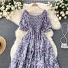 Women's Chic Sweet Slim Square Neck Bubble Sleeve Floral Dress Super Fairy Temperament A-line Dress
