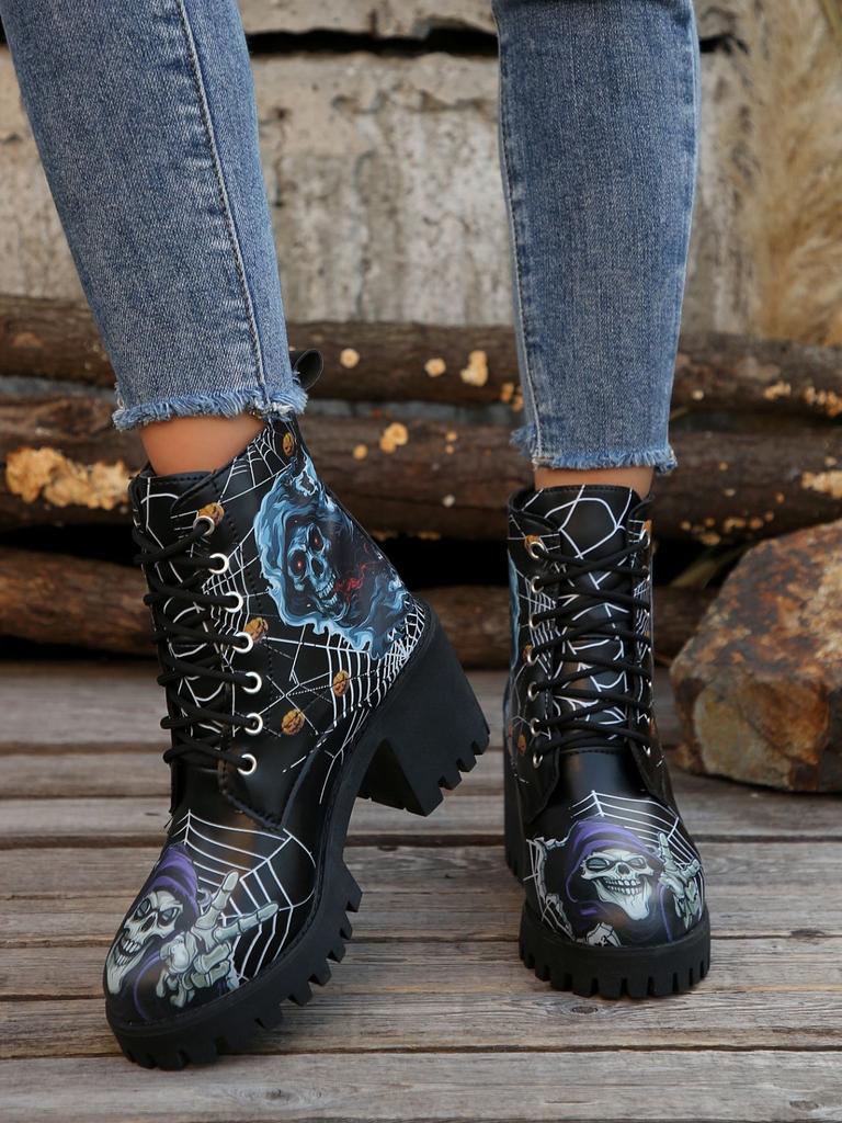 Мода Мода Принтованные Ботильоны на Платформе для Женщин Осень Зима Черные на Высоком Каблуке Короткие Ботинки Женские На шнуровке На Толстом Каблуке Botas Mujer