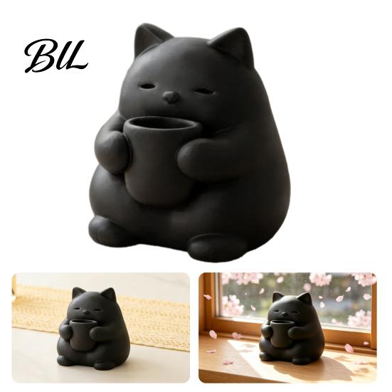 Decorative Cat Desk Accessory Mini Cute Figurine 3D Printed Drinking Tea Statue Themed Home Decor Small Desktop Ornament for Living Room Bedroom