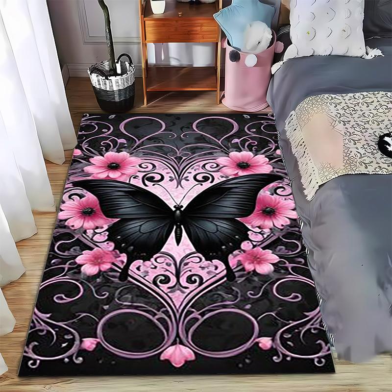 Black Butterfly with Pink Flowers and Heart Pattern Carpet Design Suitable for use as an anti-slip for living room bedroom sofas