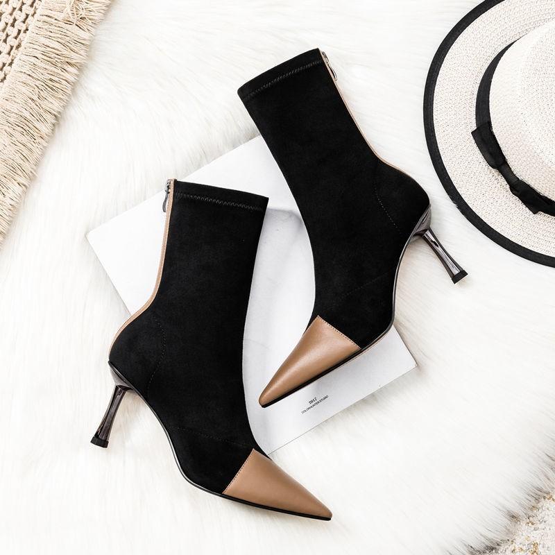 Женские осенние и зимние сапоги-носки на высоком каблуке с острым носком, новинка 2023, эластичные узкие ботинки до середины икры, короткие женские сапоги