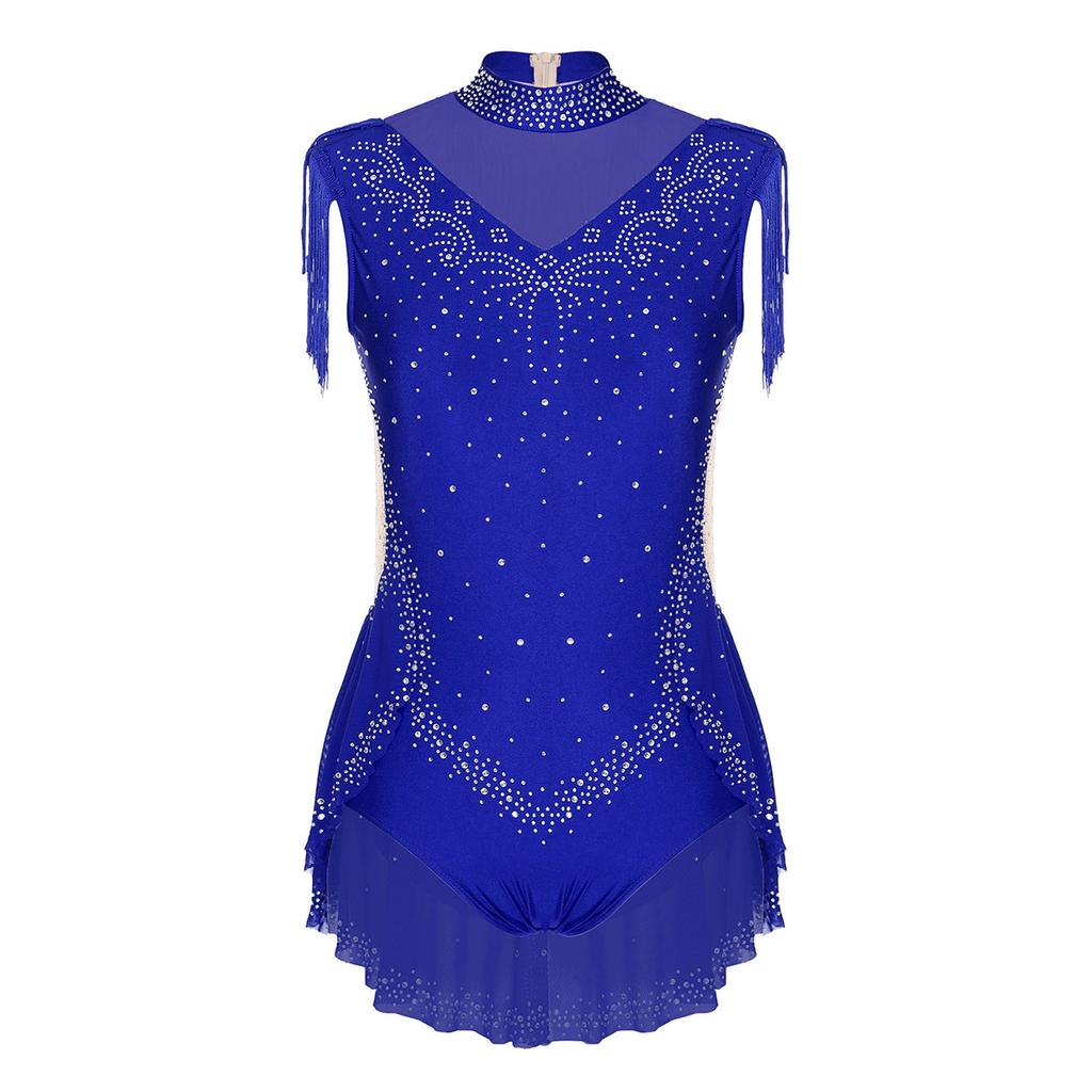 Девочки Блестящие Стразы Танцевальный Купальник Воротник-стойка Без рукавов Невидимая Молния Сзади Прозрачная Сетка Юбка Боди