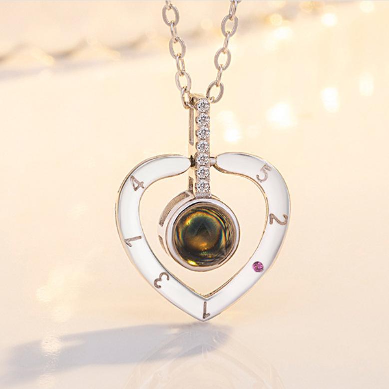 Heart Shaped Necklace 925 Sterling Silver Nano Micro Carved Projection Heart Pendant Rose Gold 100 Languages Necklace