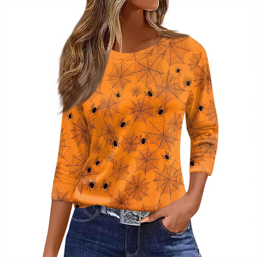Women's T Shirt Halloween Print 3/4 Sleeve Daily Fashion Basic Round Neck Regular Top