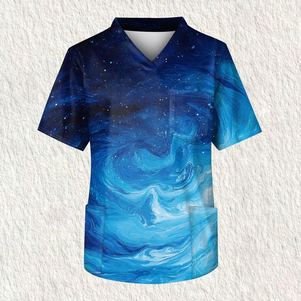 Мужская рабочая блузка с короткими рукавами и v-образным вырезом с принтом, топ с нагрудным карманом