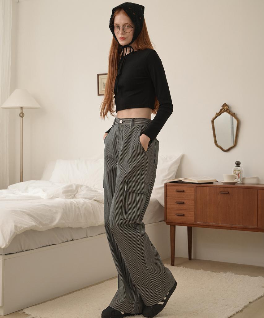 LOSSYROW Stripe Washed Cargo Denim Pants Black