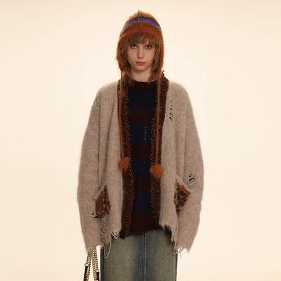 Свитеры 2025 Леопардовый кардиган Осень Карманы Женский принт Пуговицы Свитеры Вязание Свободный свитер