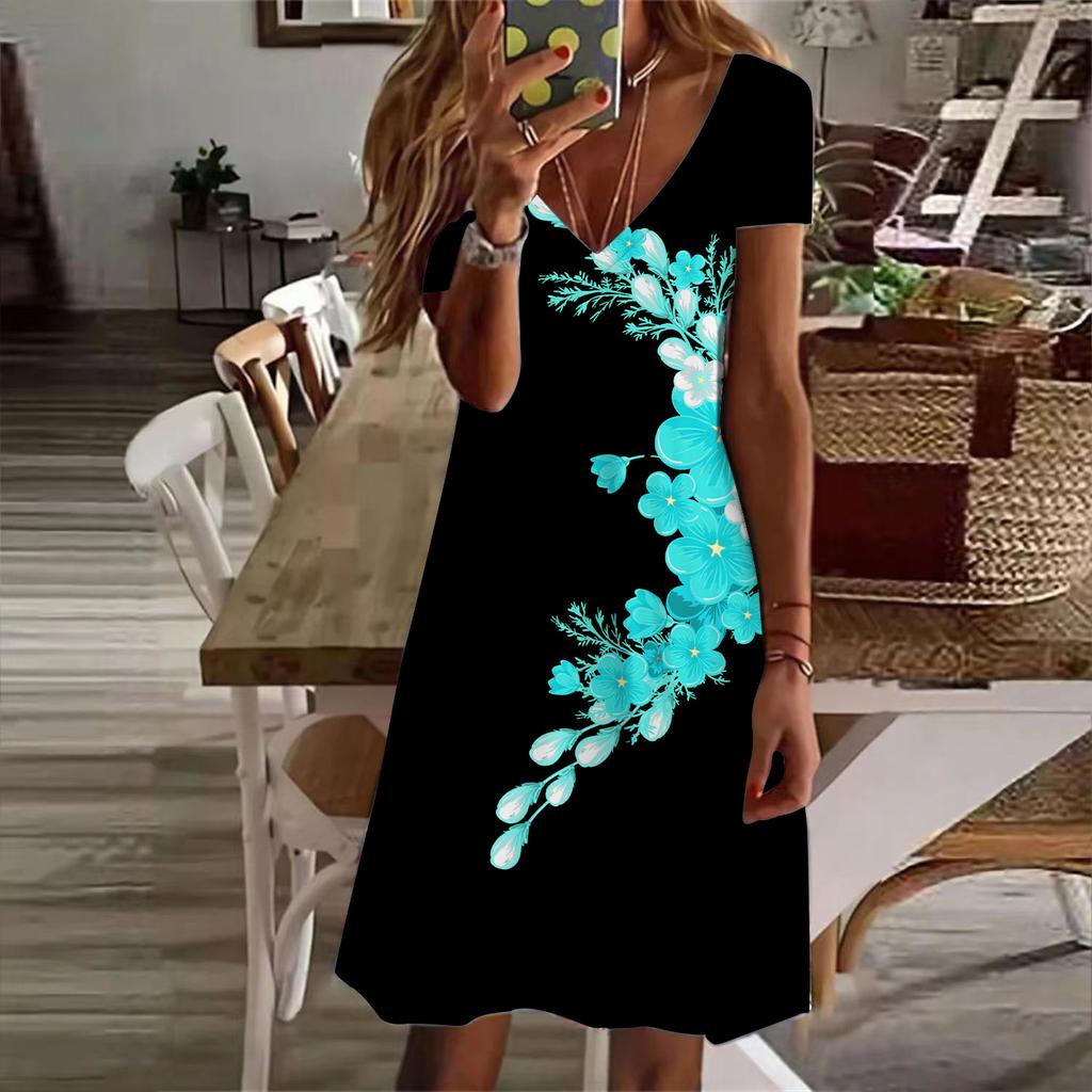 Summer Fashion Women's V Neck Short Sleeve Flower Printed Dress Sex Short Skirt Dresses