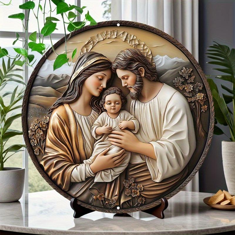 "Jesus Holy Family" Round 2D Wooden Logo: Home Decoration, Weather Resistant, Pre-Drilled, HD Printing, Superior Quality