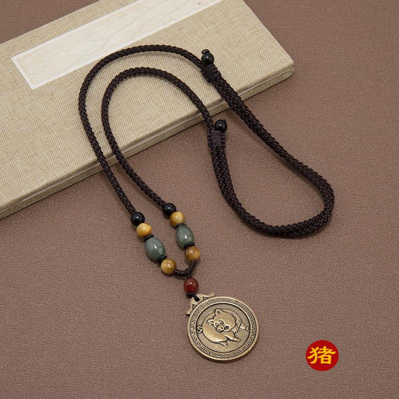 Латунное ожерелье в этническом стиле «Двенадцать знаков зодиака», ретро, универсальная длинная цепочка для свитера, мужской и женский кулон-подвеска года рождения