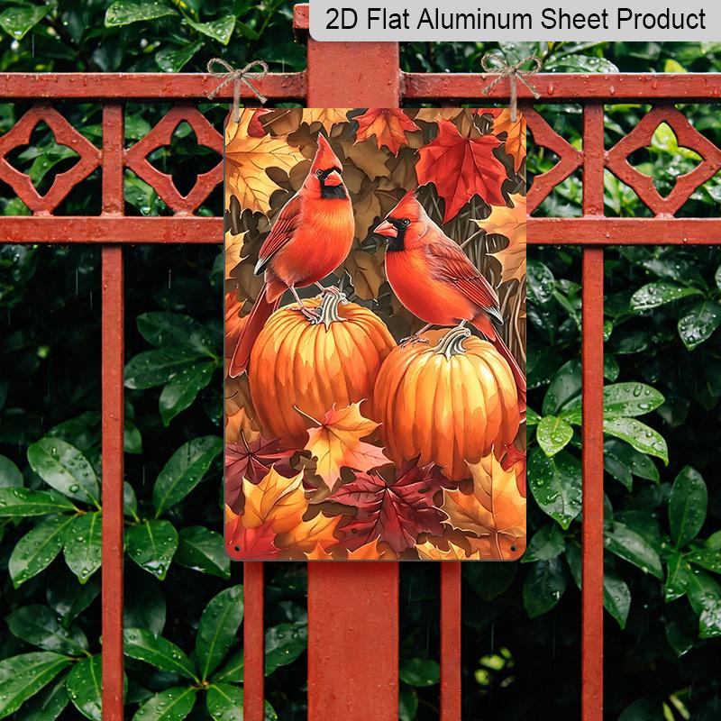 2D Flat Two Red Cardinals Pumpkin Maple Leaves Metal Sign - 8.0x12.0inch Aluminum Wall Art, Thanksgiving Harvest Fall Farmhouse Front Porch Decor