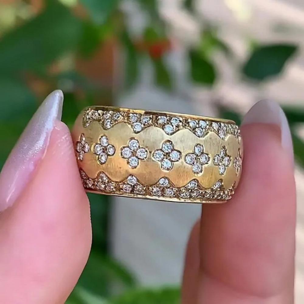 Роскошное итальянское ручной работы кольцо с покрытием из матового золота для женщин, элегантное, с полным бриллиантовым клевером, модное ювелирное изделие