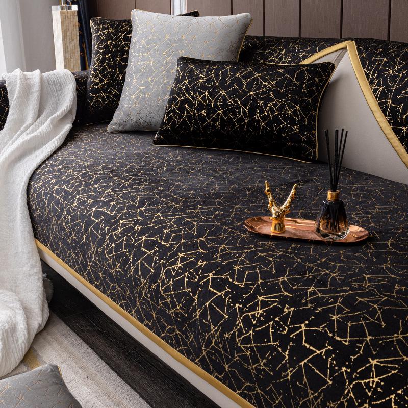 High-end Black Gold Leather Sofa Cushion Modern Non-slip Anti Cat Scratching Chair Pad Satin Edging Recliner Cover Towel Winter