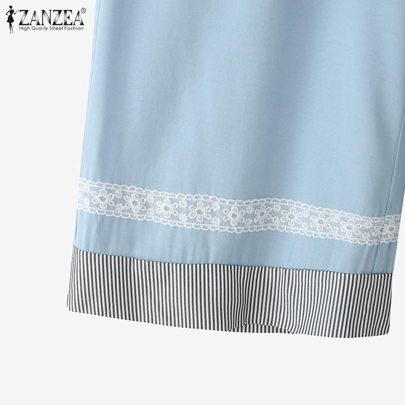 ZANZEA Женские повседневные укороченные брюки свободного кроя с эластичной талией и полосатой вставкой