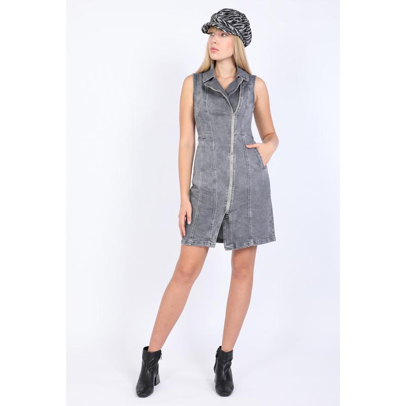 Женское серое джинсовое платье на молнии