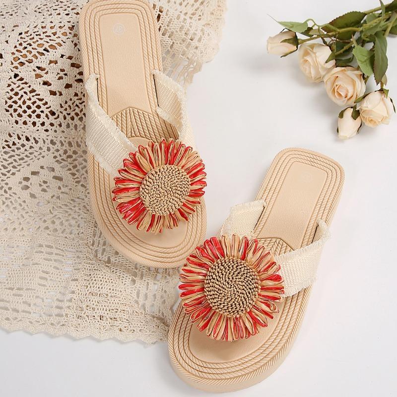 Модные Женские Модный Тренд Многоцветные Подсолнух Противоскользящие Износостойкие Мягкая Подошва Плоские Шлепанцы