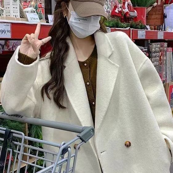 Autumn and Winter Korean Style Long Hair Baby Camel Wool Double-sided Wool Coat Double-breasted Simple High-end Coat New Style for Women