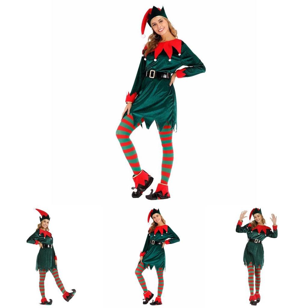 Women's Festive Xmas Elf Outfit Velvet Cosplay Costume With Bells