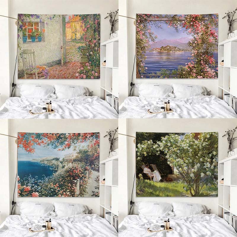 Rose Garden Pattern Oil Painting Style Hanging Cloth Home Wall Decoration Tapestry Bedroom Living Room Tapestry