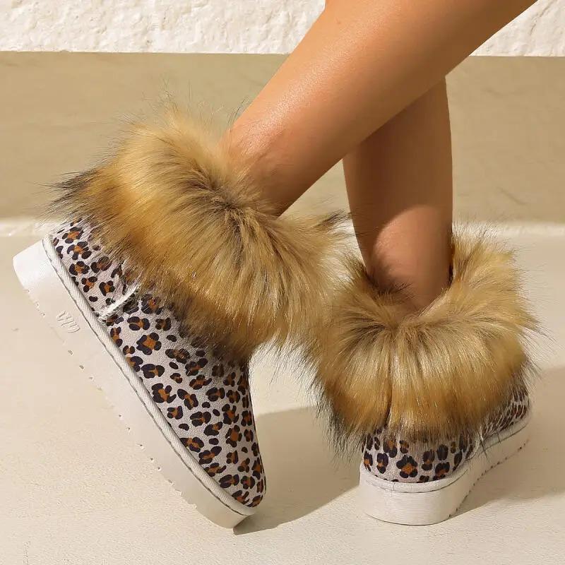 Модные леопардовые пушистые нескользящие зимние ботинки женские 2025 зимние теплые короткие плюшевые ботильоны роскошные ботильоны с отделкой из искусственного меха