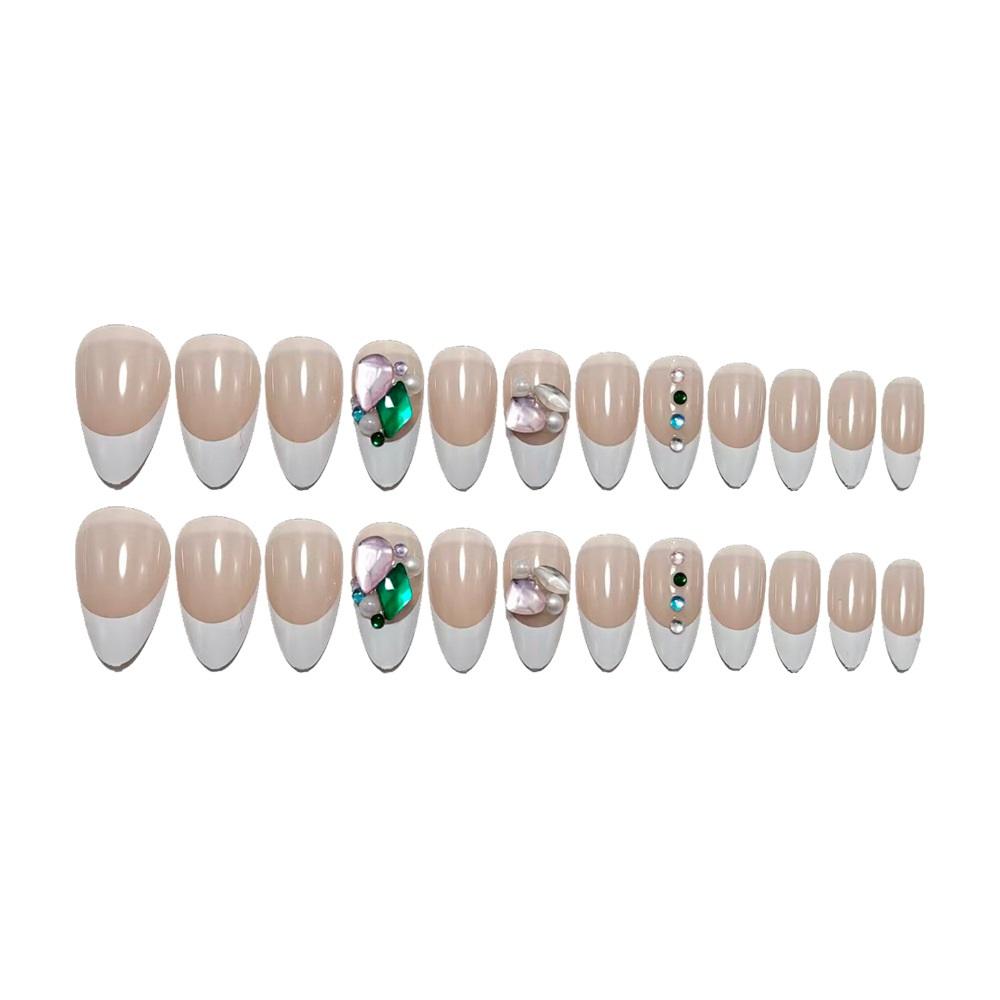 Medium Almond Nail Art Patches White French Color Diamond Fake Nails Wearable Nail Nail Art Patches 24 Pieces