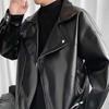 Men Jacket Imitation Leather Motorcycle Style Solid Color Loose Fit Coat Lapel