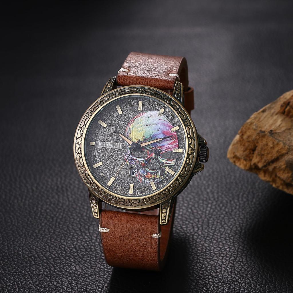 Часы из натуральной кожи с черепом, светящиеся аналоговые часы-скелетоны с кожаным ремешком, черно-коричневые кварцевые часы, модные часы на день рождения, подарок на Рождество