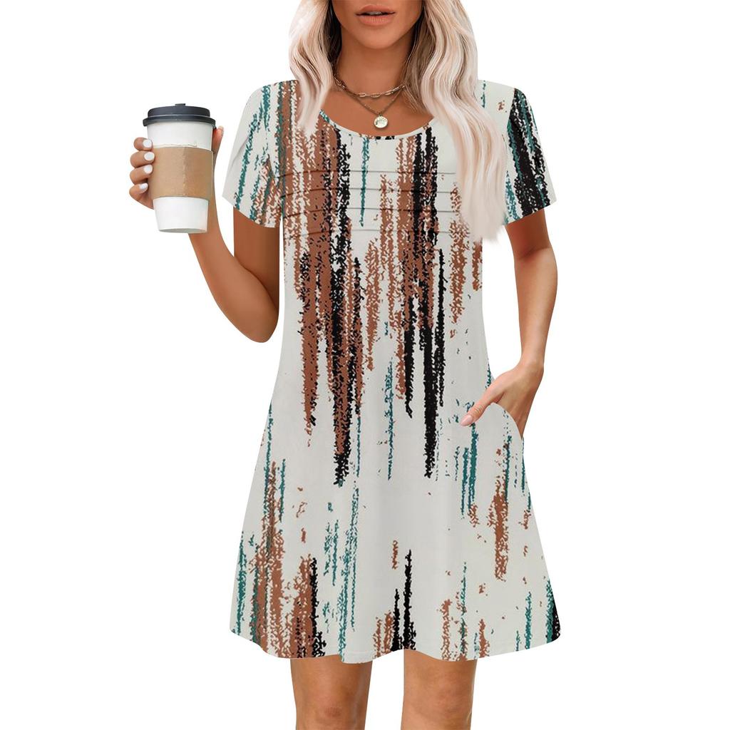 Women's Summer Casual Petal Slim Stripe Pleated Solid Color Dresses