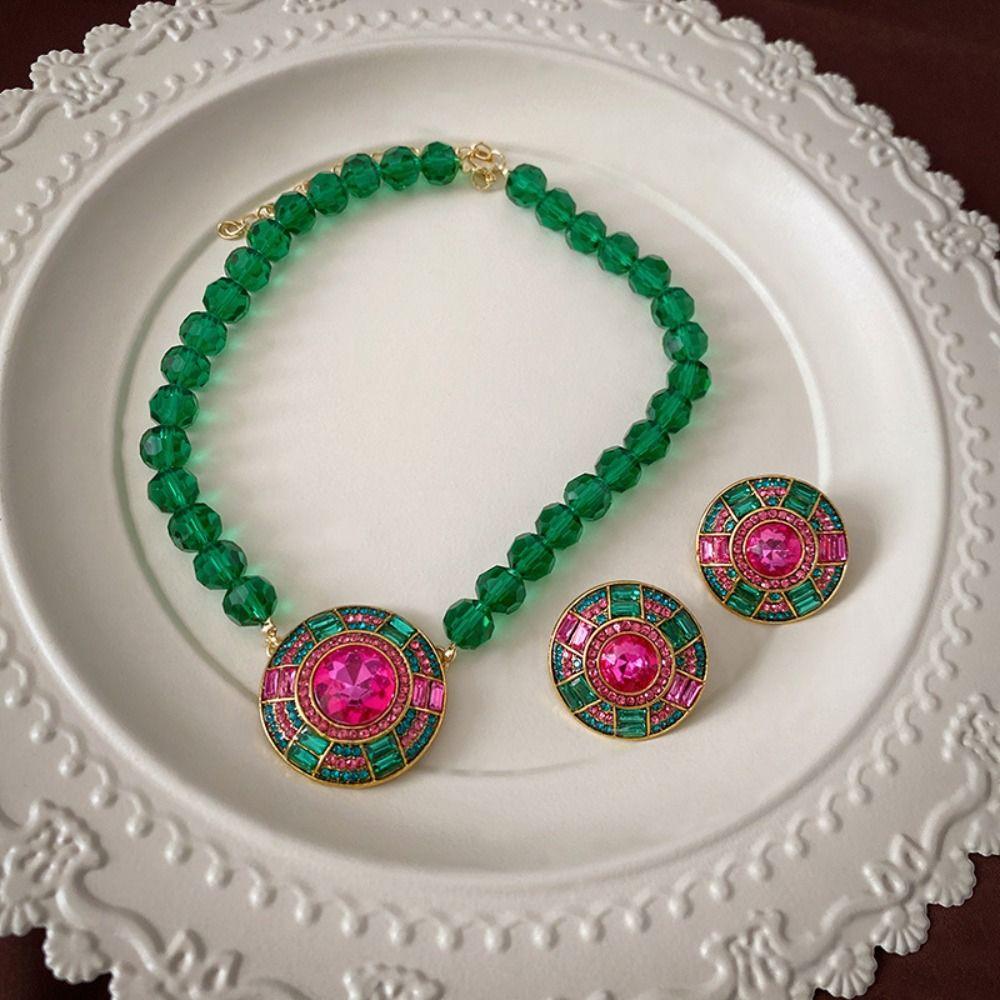 Ретро круглые серьги-гвоздики со стразами модная подвеска изысканное зеленое хрустальное ожерелье для женщин