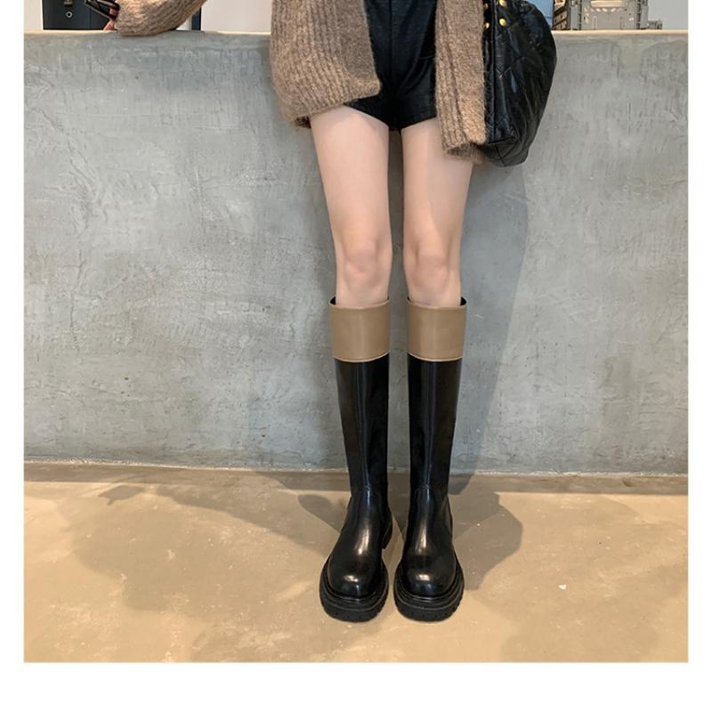 Толстая подошва Niche Color Block Long Tube Knight Boots Женская обувь Осень-зима Средние ботинки Стелька из резинового латекса