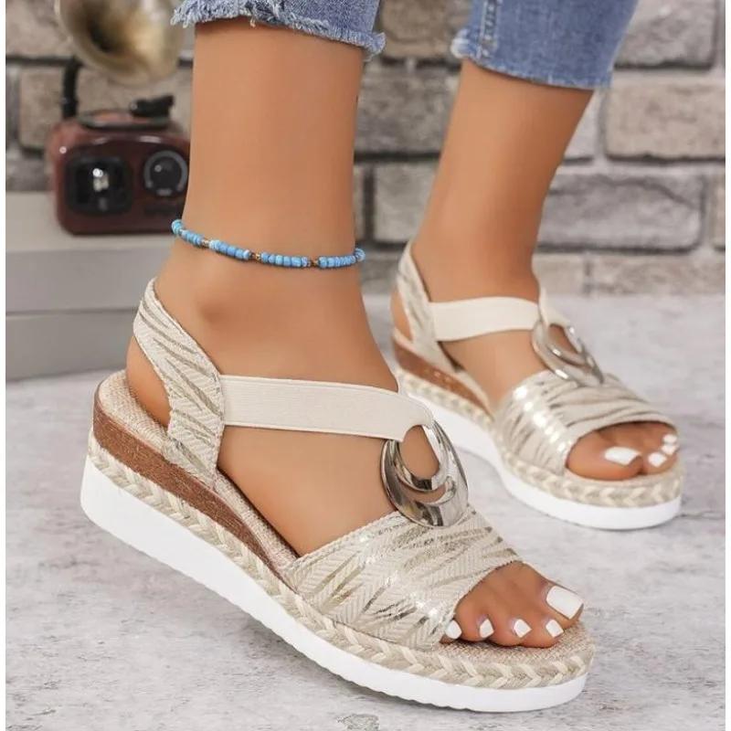 Metal Decoration Women's Wedges Sandals 2025 Summer Snake Print Platform Gladiator Shoes Woman Comfort Casual Med Heels Sandals