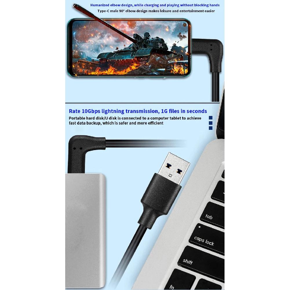 USB3.2 Gen 2 Cable 10Gbps USB A to USB C 3A Fast Charging Elbow 1m 2m 3m for Oculus Quest 1/2 VR Link Type C Cable Camera Line