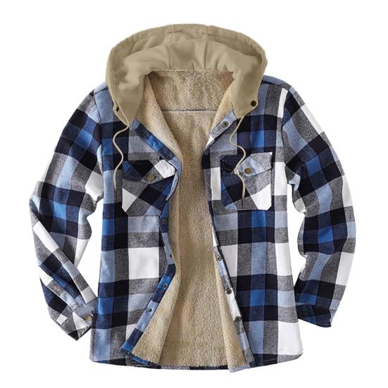 Men Coat Hooded Drawstring Long Sleeve Plaid Print Jacket with Pockets Buttons