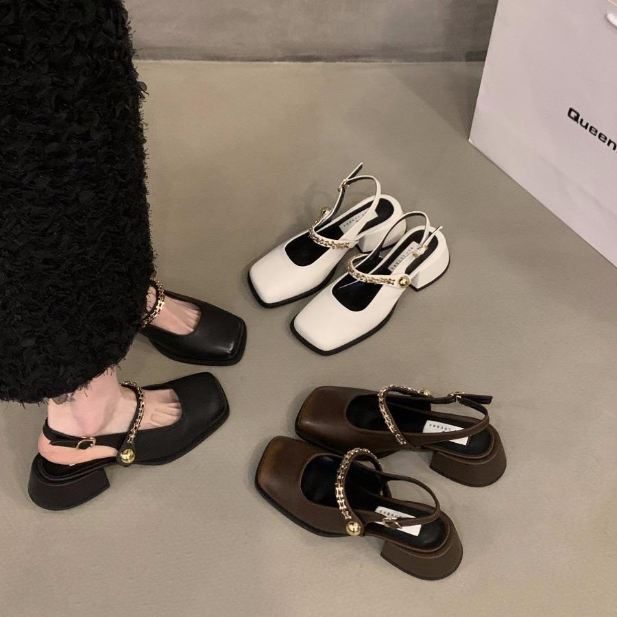 Французские черные босоножки-мешки на высоком каблуке, женская обувь 2024 года, новые весенне-летние туфли Мэри Джейн на толстом каблуке, вечерние туфли