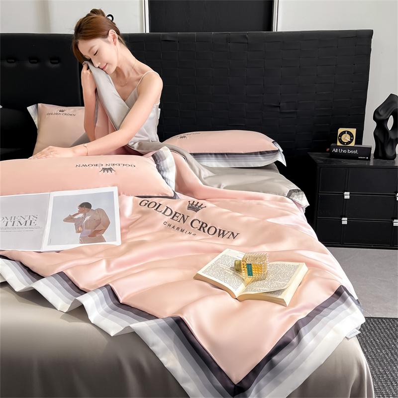 Sleeping grid washed ice silk digital wide edge embroidery summer quilt four piece set/single summer quilt - Bella series