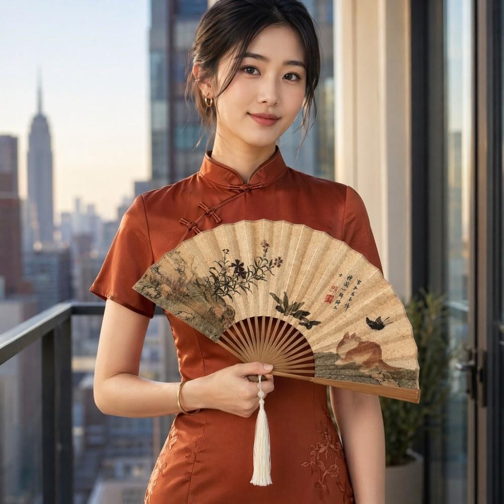 Double Sided Chinese-Style Shell Fan Silk Cloth Dance Fan Vintage Folding Hand Fan Gift Giving