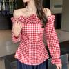 Женские осенние клетчатые блузки с открытыми плечами и длинными рукавами
