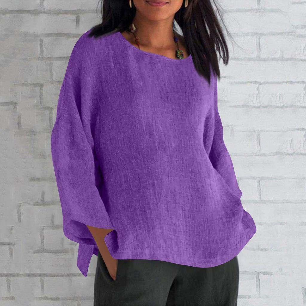 Women's Fashion Long Sleeve Round Neck Solid Colour Loose Casual Shirt Top