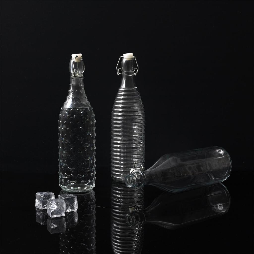 1L Glass Bottle, Smooth Design, With Clip-On Cap