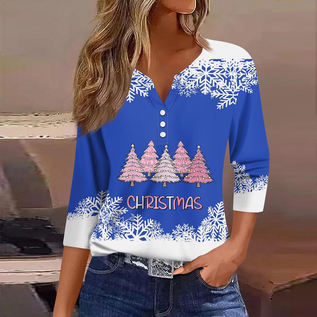 Women's T Shirt Tee Print Button 3/4 Sleeve Daily Weekend Fashion Basic V- Neck Regular Top