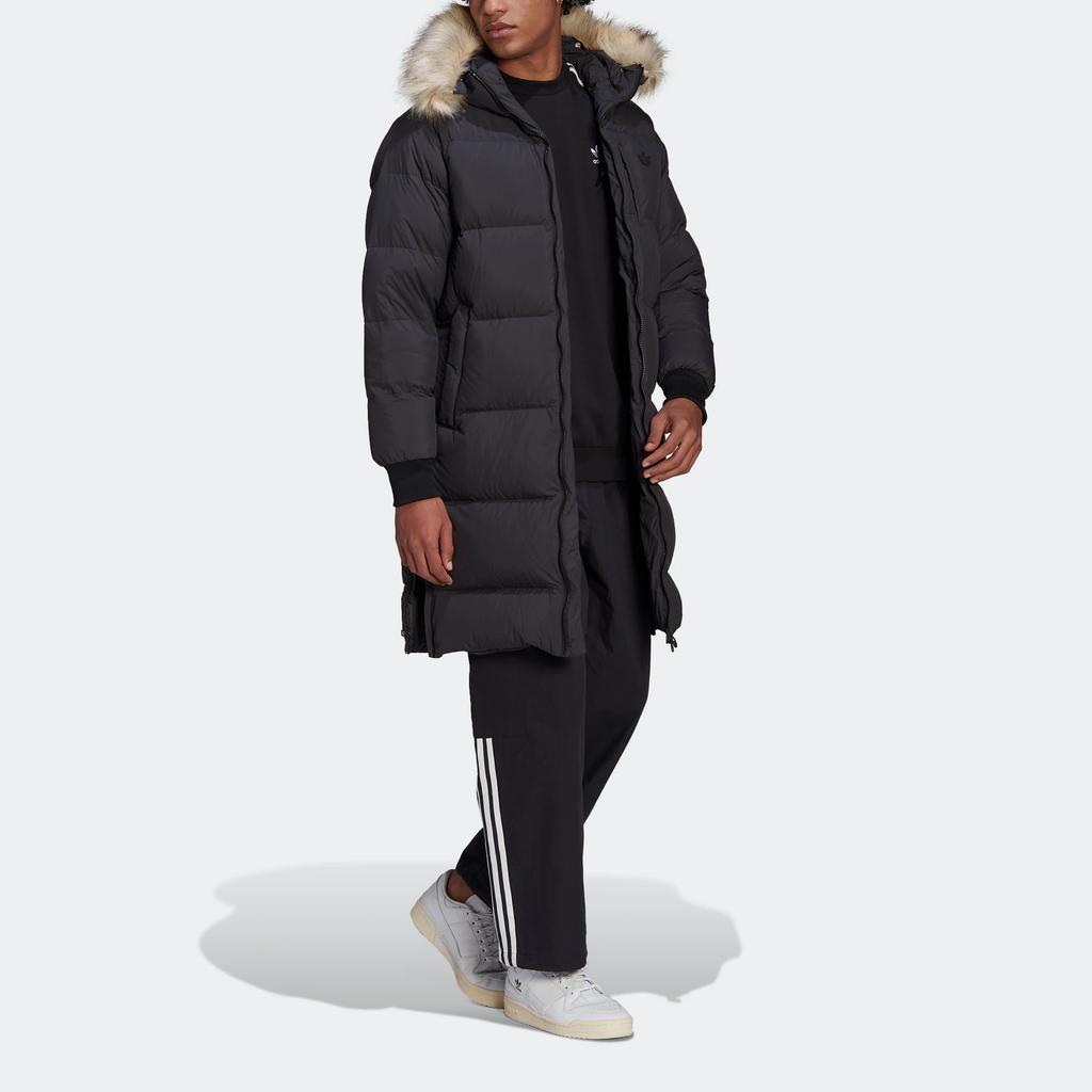 adidas Originals Trefoil Regen Puff Длинное однотонное пальто на утином пуху с капюшоном на молнии, мужская верхняя одежда, черный HL9194