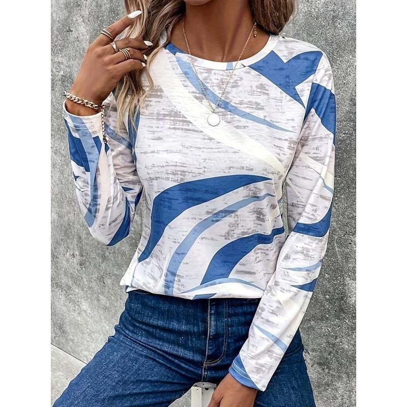 Футболки женские с длинными рукавами на осень, модные повседневные топы с принтом в градиентную полоску, для ежедневной носки, свободного кроя, с круглым вырезом