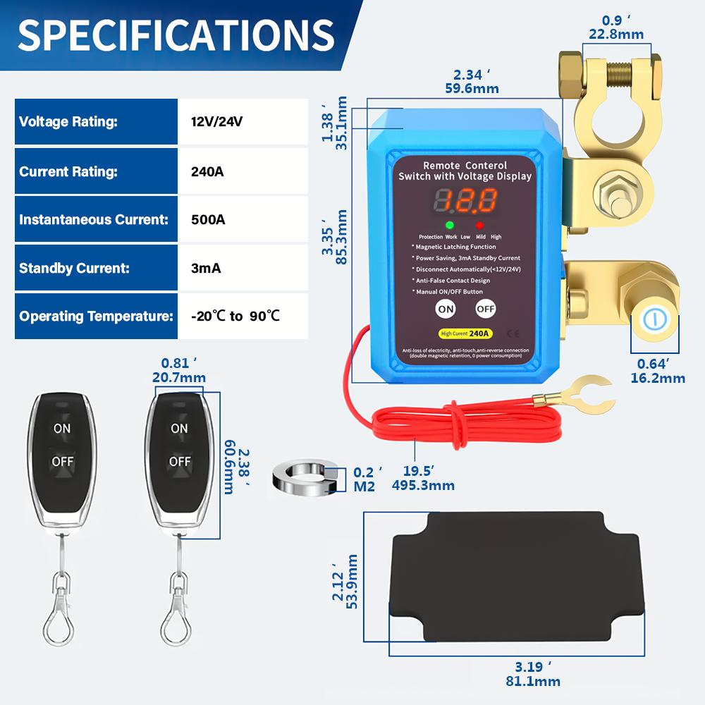 12V/24V 240A Wireless Dual Remote Battery Disconnect Relay Master Kill Cut-Off Switch for Auto Car Truck Boat Trailers RVs ATVs