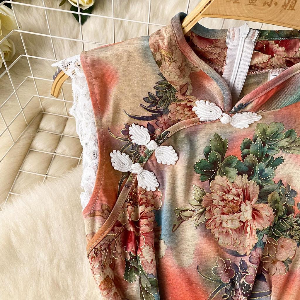 Женское платье без рукавов с кружевом и разрезом на пуговицах, тонкие платья Cheongsam с принтом