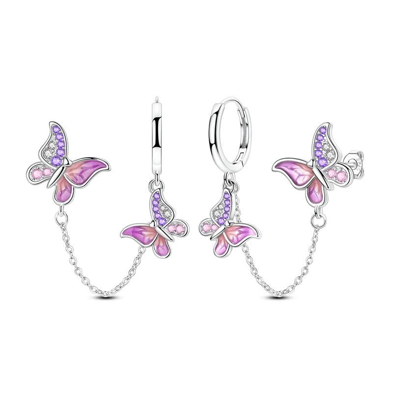 Original 925 Sterling Silver Purple Flower Owl Earrings Women 2025 Zircon Ear Studs Sparkling Pave Hoop Earring Jewelry Gift