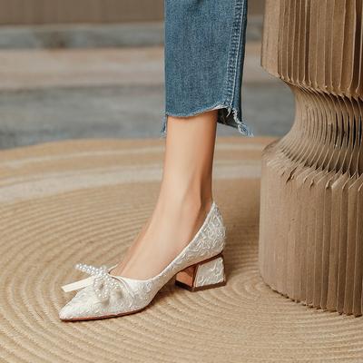 Туфли-лодочки на среднем каблуке, квадратный каблук, новая женская обувь с острым носком, жемчужный бант, черные туфли на высоком каблуке, толстый каблук