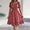 Women's Fashion Floral Print Square Neck Short Sleeve Waisted Ruffled A-Line Skirt